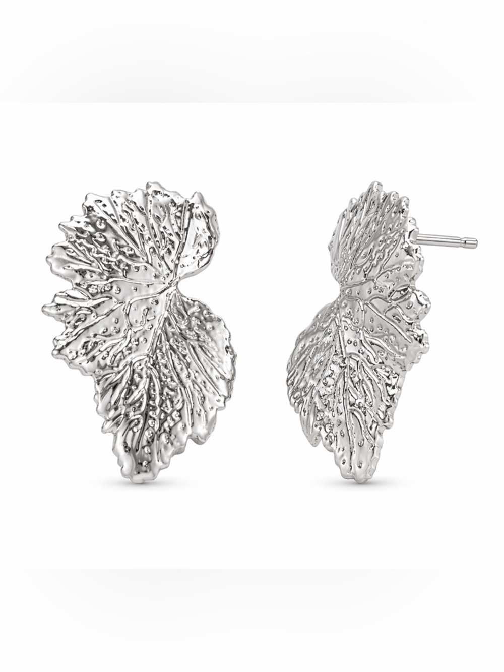 Silver Textured Leaf Statement Stud Earrings Botanical Vein Design